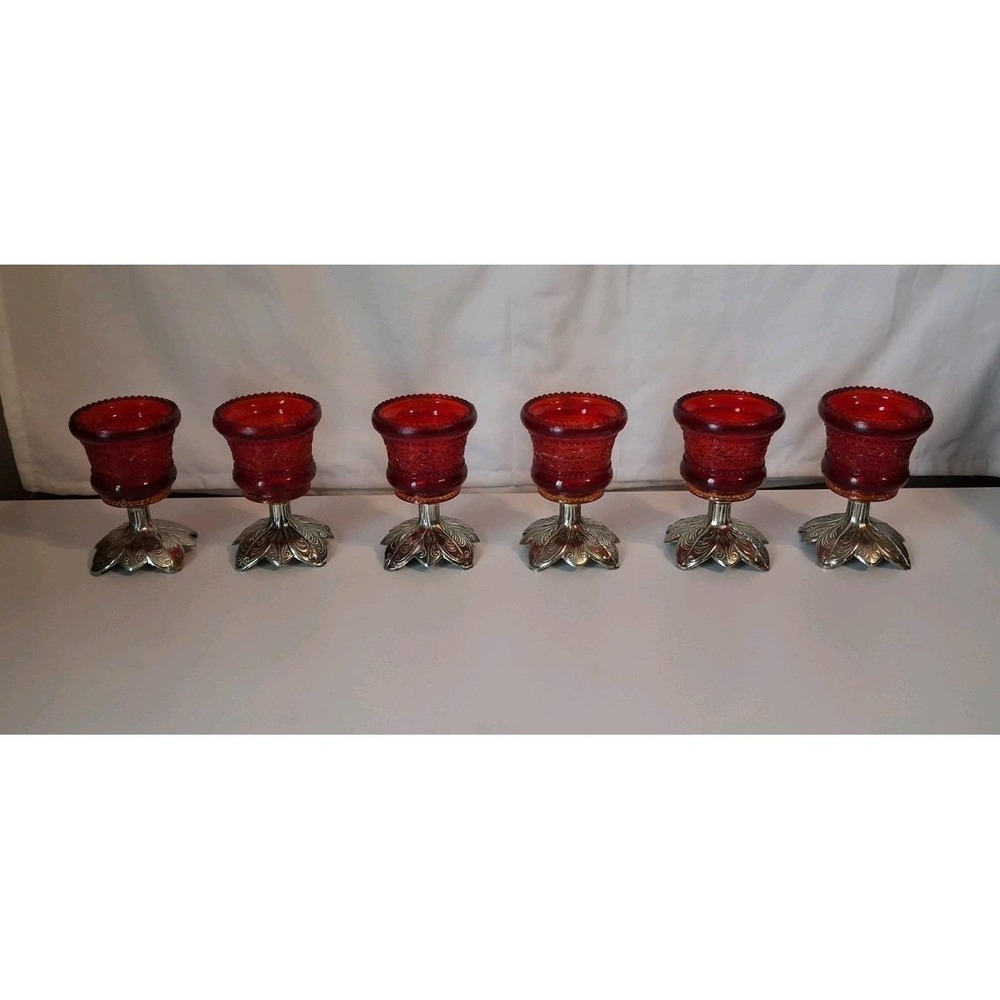 Set of 6 Summit Glass Ruby Red Holly Berry Vine Footed Metal Stand Candle Holder